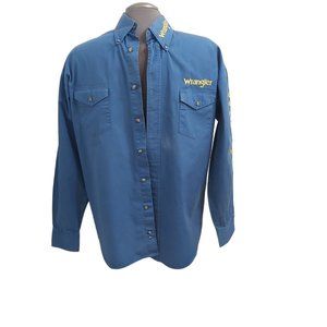 Wrangler Embroidered Logo Western Style Shirt Light Blue Cotton Men Medium READ
